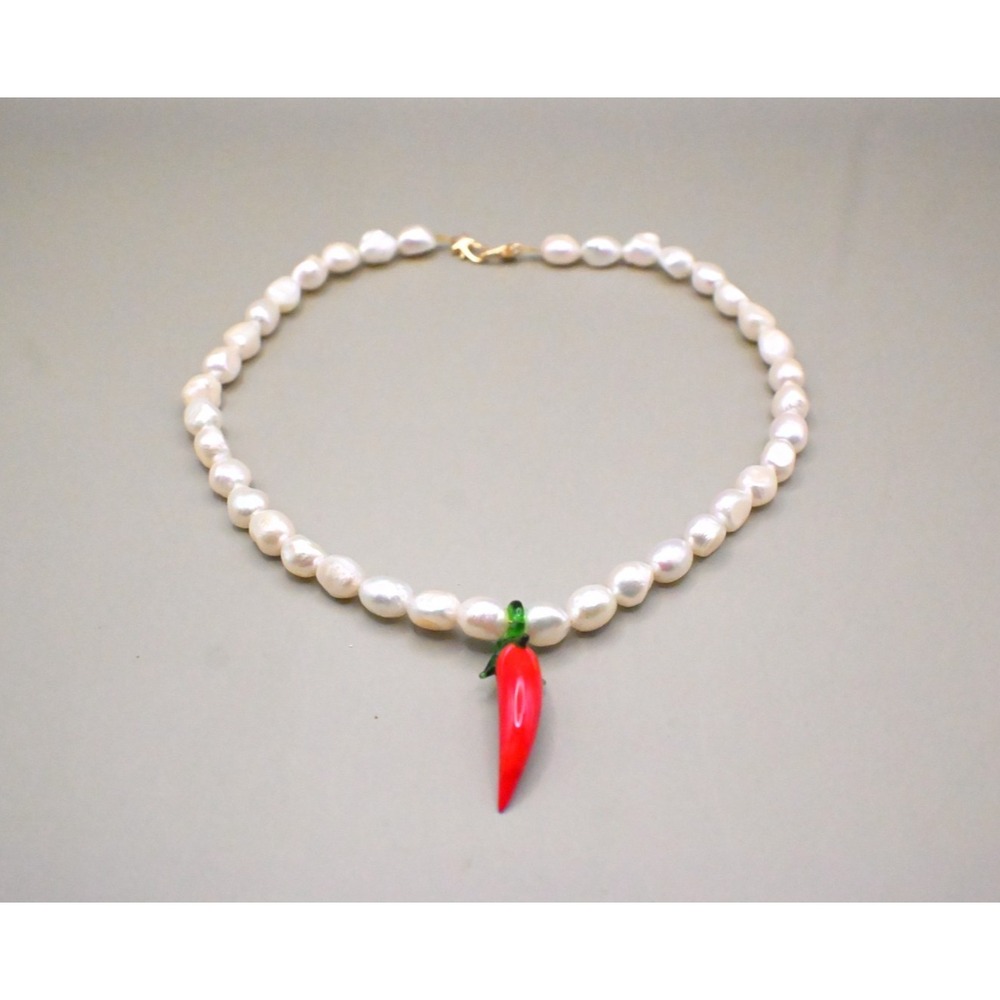 Chili Pepper Pendant Genuine Baroque Freshwater Pearl Necklace Real Murano Glass